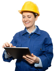 Isolated smiling woman engineer in yellow helmet and blue uniform with digital tablet	