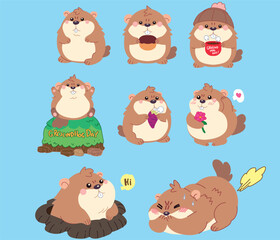 Groundhog hand draw full-color cartoon style illustration set for the concept of Groundhog Day and decorate greeting card.