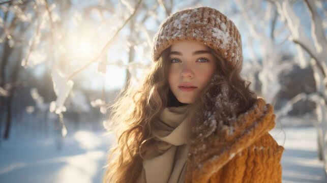 Beautiful Russian girl in winter forest illuminated by bright sunshine. Generative AI