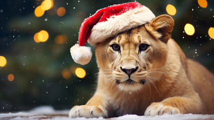 leoa  com boné de Natal, decorações de Natal em um fundo com neve e árvore de Natal