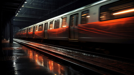 Train in motion on the platform of a subway station at night