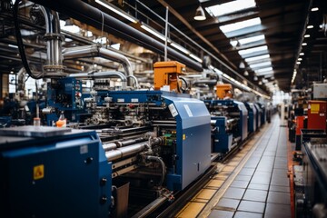 Interior of an empty modern factory workshop. Rows of complex modern machines with automated program control. Metalworking shop. Modern industrial enterprise.