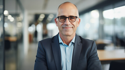 Middle aged male business executive smiling in office wearing glasses