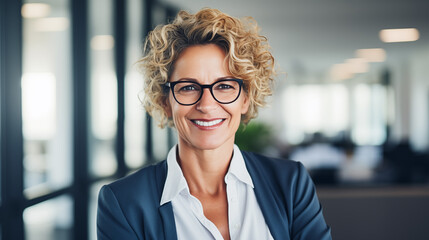 Middle aged female business executive Smiling in the office wearing glasses