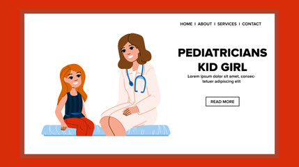 child pediatricians kid girl vector. pediatrician hospital, patient health, medical happy child pediatricians kid girl web flat cartoon illustration
