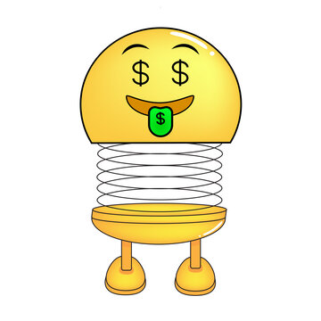 Vector illustration of spiral emoticon with body and legs. Money spiral Emoji cartoon. Cute emoticon, child icon.