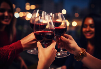 People hands holding glasses of red wine making a toast at night party - obrazy, fototapety, plakaty