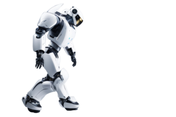 a high quality stock photograph of a single ai robot full body isolated on a white background
