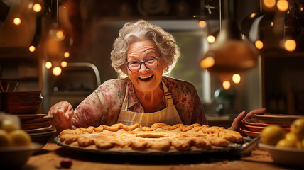 Senior woman making Christmas pies and cookies in home kitchen, messy, warm, holiday atmosphere with Christmas tree decorated, lights and lanterns, Christmas cooking concept - obrazy, fototapety, plakaty