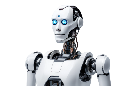 a high quality stock photograph of a single ai robot full body isolated on a white background