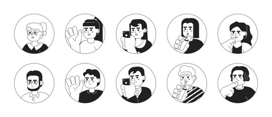 Different ages asians black and white 2D vector avatars illustration bundle. Korean women, japanese men outline cartoon character faces isolated. Adult asian casual flat user profiles image collection