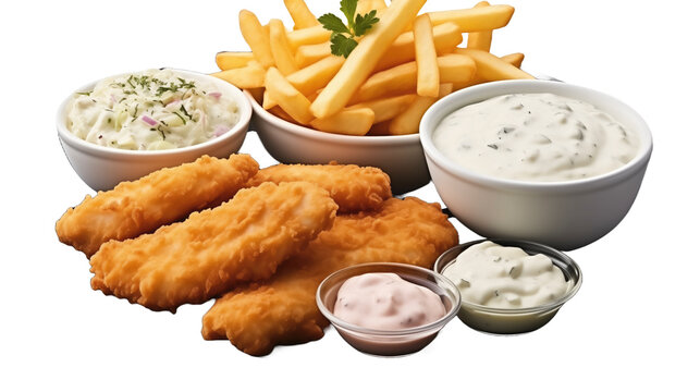 A Beautiful Spread of fish and chips  isolated on transparent Background