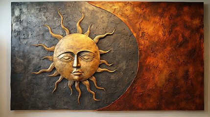 Textura Mística da Parede Sol e Lua Tons Terra, Cobre e Gol - obrazy, fototapety, plakaty