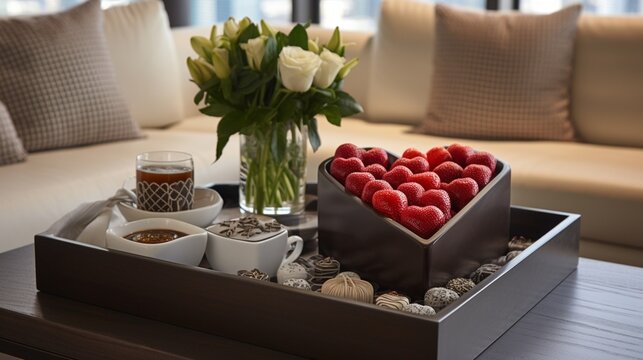 A coffee table with heart-shaped coasters and a display of chocolate-covered strawberries.