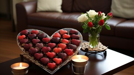 Naklejka na ściany i meble A coffee table with heart-shaped coasters and a display of chocolate-covered strawberries.