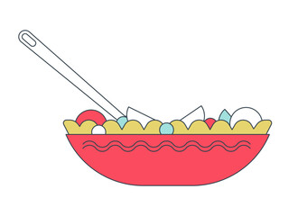 Salad bowl with fork 2D linear cartoon object. Eat vegetarian meal plate isolated line vector element white background. Lunchtime healthy eating. Fresh vegetables dining color flat spot illustration