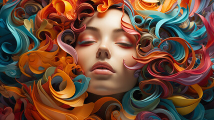 A sleeping lady with colorful ripple hair illustration 
