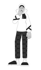 Dry cough sick symptom black and white cartoon flat illustration. Muslim hijab woman coughing into hand 2D lineart character isolated. Breathe bronchitis symptom monochrome scene vector outline image