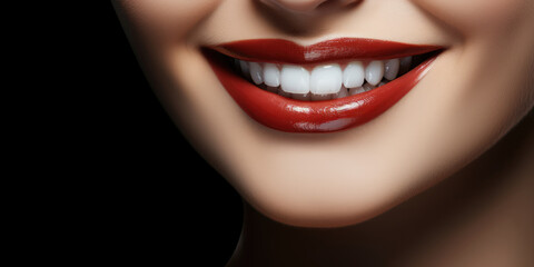 Create an attention-grabbing banner with a close-up of a gorgeous woman showcasing her white perfect teeth against a dark black background. Dental health and beauty concept.