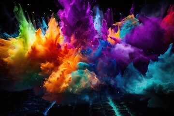 Obraz na płótnie Canvas Luminous Explosion: Crystalline Neon Powder Unleashes a Dazzling Spectrum on the Abyss