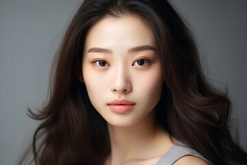 Naklejka premium close-up of a beautiful woman, Korean model appearance, gaze directed forward, on a dark background, with gorgeous thick hair