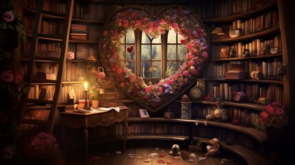 A corner with a heart-shaped bookshelf filled with romantic novels and poetry collections.