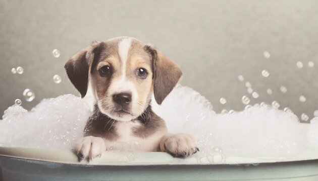 泡のお風呂に入る可愛い子犬
