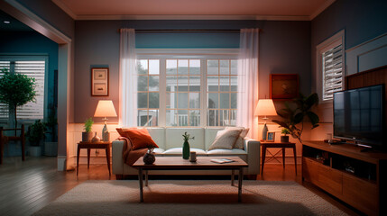 Interior of a cozy room with a sofa, floor lamps, coffee table