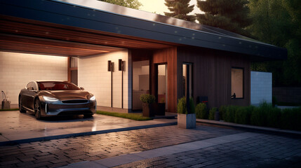 The car stands near the open garage of a private house in high-tech style