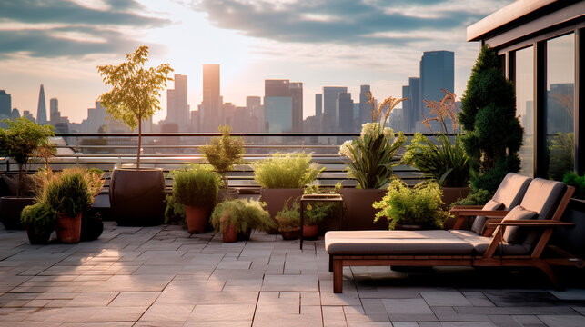 Relaxation Space With Upholstered Furniture And Landscape Design On The Roof Of A City House Overlooking The City