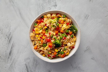 Homemade Veggie Fried Rice in a Bowl, top view. Flat lay, overhead, from above.