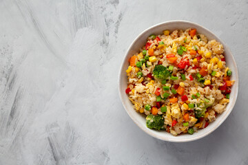 Homemade Veggie Fried Rice in a Bowl, top view. Flat lay, overhead, from above. Copy space.