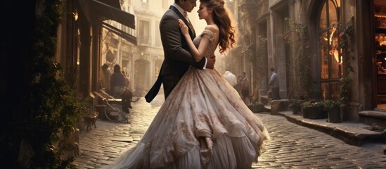 Beautiful wedding new couple bride and groom posing in the old city on vintage style. AI generated