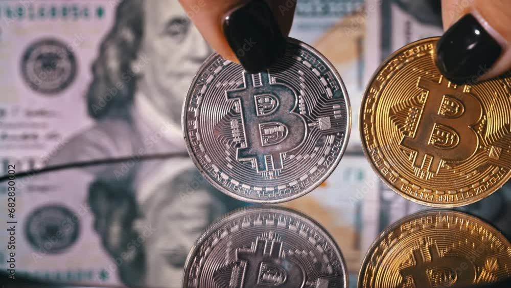 Poster two bitcoin coins against background of dollars. bitcoin coin, digital gold next to hands of expert 