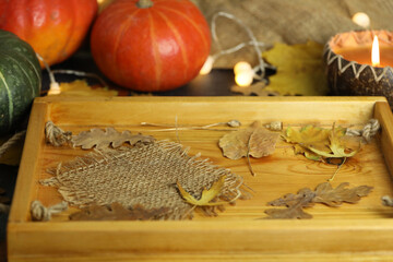 Autumn natural background with leaves and pumpkin