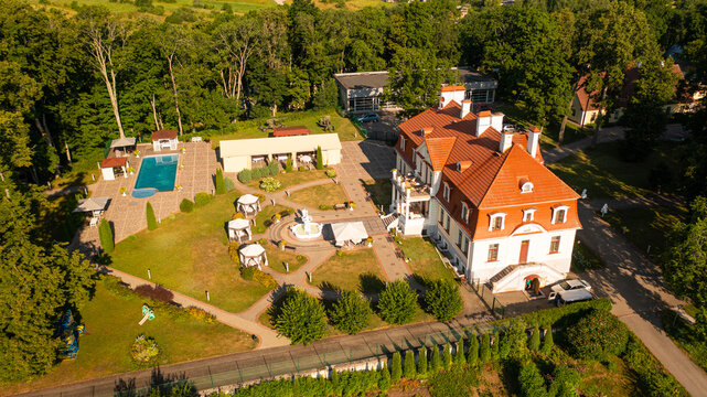 Aerial photo from drone to Svente (Jaunsvente) manor on a beautiful sunny summer day. Svente ,Daugavpils, Latvia, Latgale, Europe