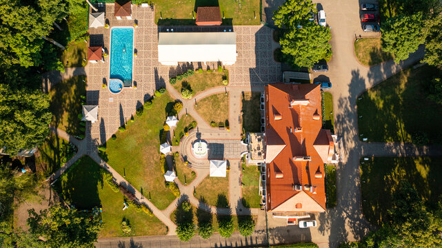 Aerial photo from drone to Svente (Jaunsvente) manor on a beautiful sunny summer day. Svente ,Daugavpils, Latvia, Latgale, Europe