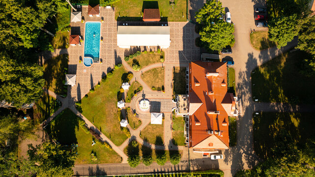 Aerial photo from drone to Svente (Jaunsvente) manor on a beautiful sunny summer day. Svente ,Daugavpils, Latvia, Latgale, Europe