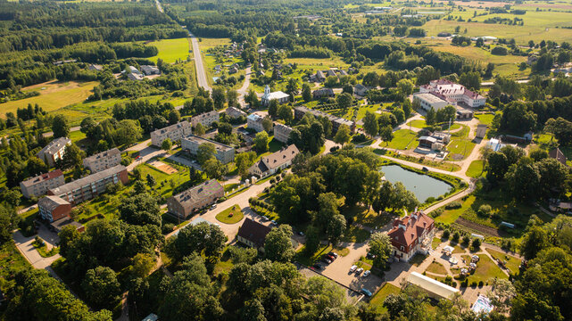 Aerial photo from drone to Svente (Jaunsvente) manor on a beautiful sunny summer day. Svente ,Daugavpils, Latvia, Latgale, Europe