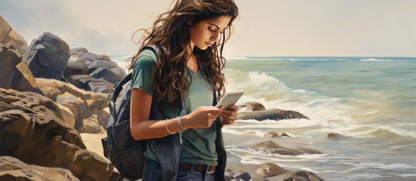 Portrait Young woman traveler with backpack and mobile phone on the seashore. AI generated image