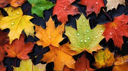 fresh and wet maple leaves scattered on the ground, seasonal artwork, nature-themed promotions