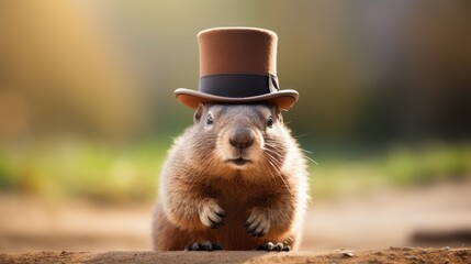 charming portrait featuring a groundhog wearing a hat - obrazy, fototapety, plakaty