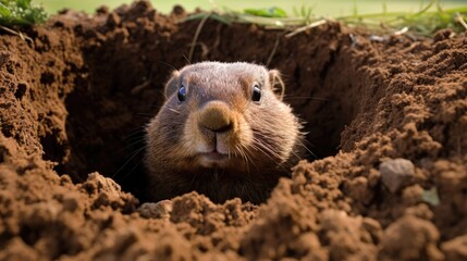 a groundhog animal peering out of its ground hole