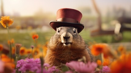 a whimsical and charming portrait featuring a groundhog adorned with a hat