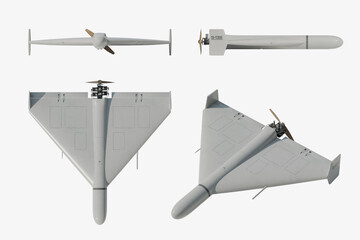 Shahed-136 (Geran-2) loitering munition drone: front, back, side and perspective view - 3d rendering
