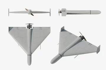 Fotobehang Shahed-136 (Geran-2) loitering munition drone: front, back, side and perspective view - 3d rendering © bbsferrari