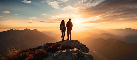 Couple stand on a rock and look at each other on top of the mountain at sunset.