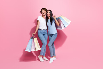 Full body photo of two best friends girls spend money shopaholic hold bags brand store look empty space isolated on pink color background