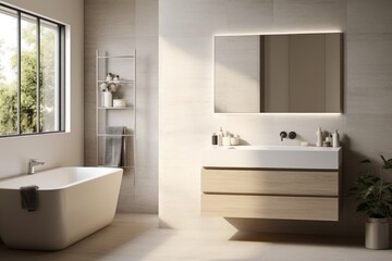 Fototapeta na wymiar Stylish bathroom interior design with marble panels. AI Generated