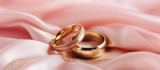 Closeup of wedding rings on pink satin cloth background. AI generated image